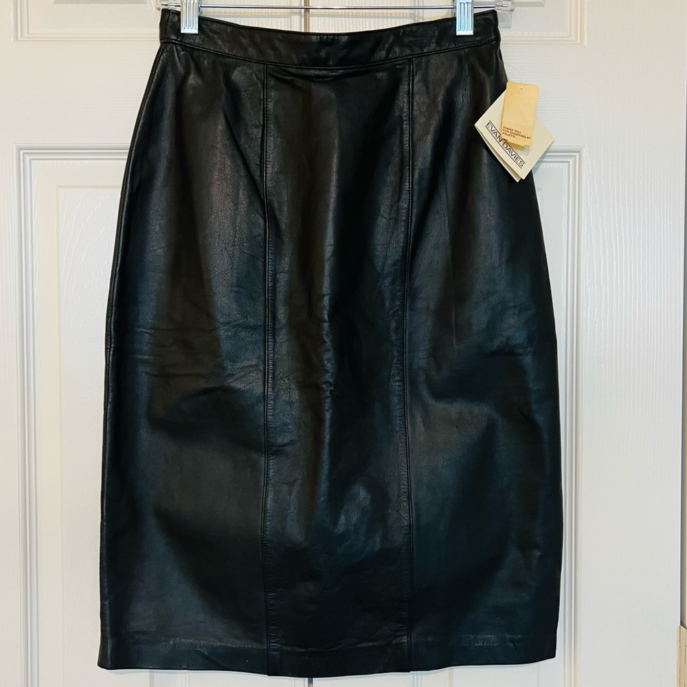 NWT Vintage Evan Davies Black Genuine Leather Pencil Skirt